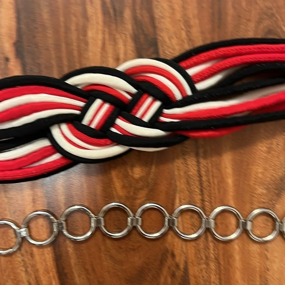 Two Fun Women’s Belts - Metal one is adjustable size - Black & Red is stretchy
